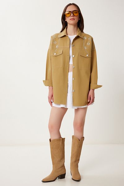 Happiness İstanbul Women's Olive Green Stone Oversize Gabardine Shirt Jacket Sa00040