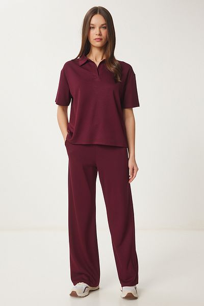 Happiness İstanbul Burgunderroter Polo-Kragen-Strickanzug für Damen AN00231