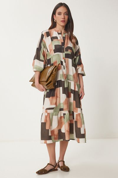 Happiness İstanbul Women's Cream Brown Patterned Buttoned Summer Viscose Dress Cr00429
