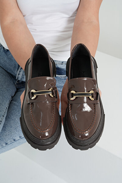 Beyond Kadın Kahverengi Rugan Bantlı Gc Kalın Taban Loafer Makosen Ayakkabı 4,5cm BYNDLFRK02