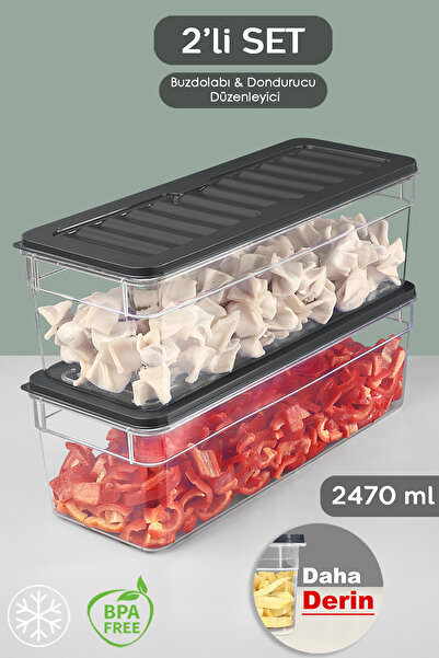 Meleni Home Set de 2 organizatoare antracit - frigider adânc, organizator, recipient pentru cuptor cu microunde și congelator cu capacitate de 2470 ml