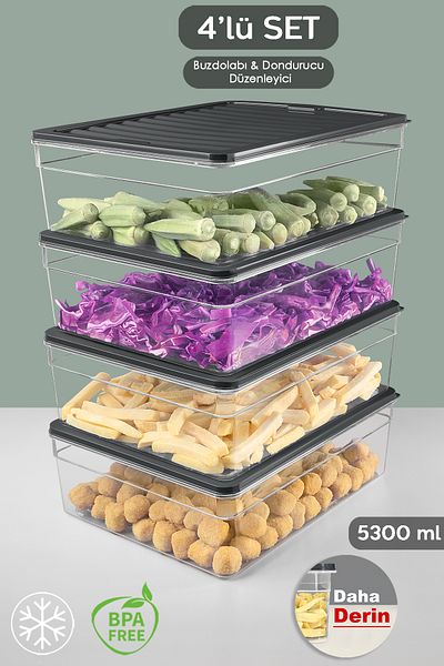 Meleni Home Anthracite Colored Deep Refrigerator Organizer Set of 4 - 5300ml Microwave Freeze Container
