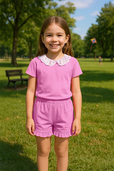 TRENDYOLKIDS Rózsaszín lány póló-rövid szett TKDSS25AU00115 100% pamut Bebe gallér