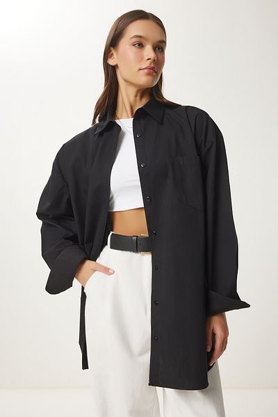 Happiness İstanbul Women's Black Oversize Long Woven Shirt Bp00167