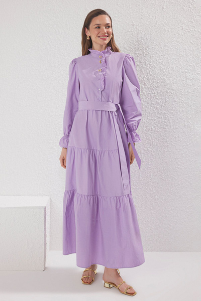 Trendyol Modest Lilac Gold Ribbon Bow Accessory Button Cotton Woven Dress Tctss25Eb00100