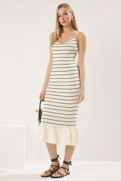 Trendyol Collection Bone Stripes Midi Striped Hem Flounces Knitwear Dress Twoss25El00502