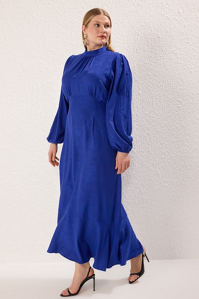 Trendyol Modest Large Size Navy Blue Unlined Jacquard Floral Woven Dresstctss25Eb00149