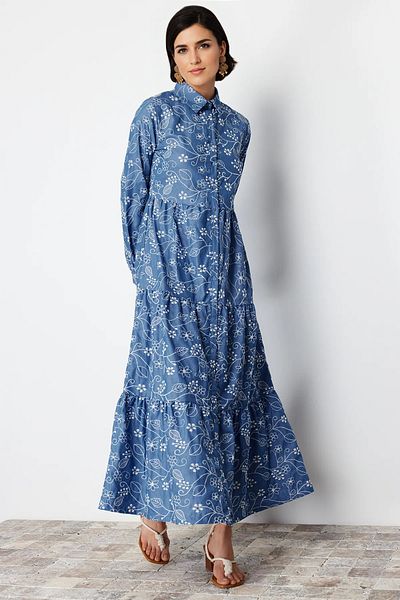 Trendyol Modest Φόρεμα Indigo Cotton Shirt - TCTSS24EB00091
