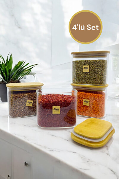 Kitchen Way Bambu Conta Kapaklı 4 Lü Cam Kavanoz Set 700ML Borosilikat Bahara...