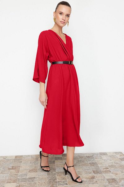 Trendyol Collection Rotes gewebtes Midi-Kleid in A-Linie mit Gürtel – Aerobin-Kragen