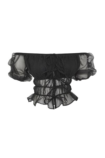 Trendyol Collection Μαύρο μονόχρωμο γιακά Carmen Κοντό πλισέ υφαντό Organza Κομψή/Νυχτερινή μπλούζα