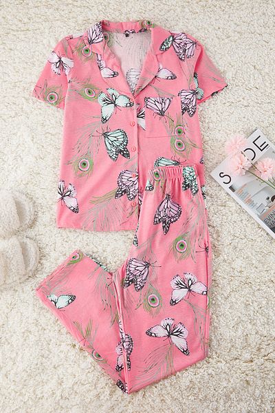 Trendyol Collection Rosa Pyjama-Set aus Baumwolle mit Schmetterlingsmuster – Hemd und Hose THMSS20PT0063