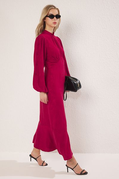 Trendyol Modest Burgundy Jacquard Floral Woven Dress Tctss24Eb00064