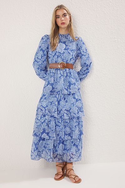 Trendyol Modest Saks Stand Collar Patterned Belt Lined Chiffon Woven Dress Tctss25Eb00062