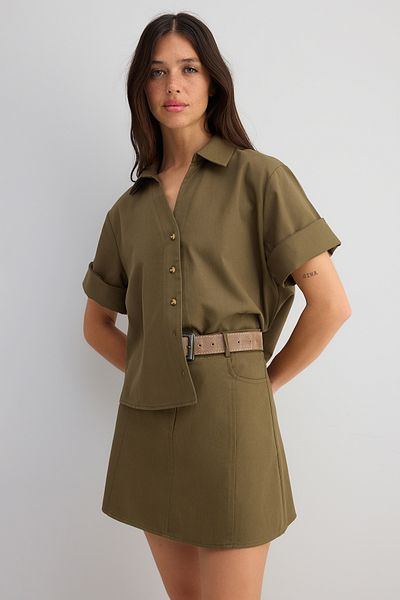 Trendyol Collection Khaki Gabardine Boxy 100% Cotton Shirt Twoss25Go00159