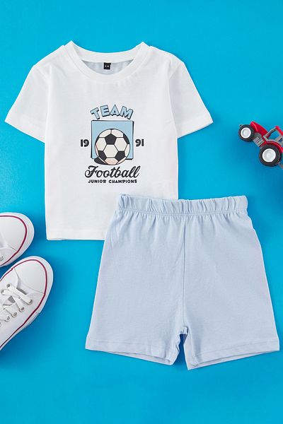 TRENDYOLKIDS Ecru Baby Boy 100% Cotton Football Printed Short Sleeve Knitted Top-Bottom Set Tkdss25Au00156