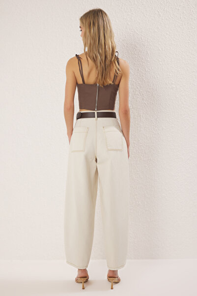 Trendyol Collection Ecru Brown Belted Stitching Detailed High Waist Barrel Baggy Jeans Twoss25Je00182