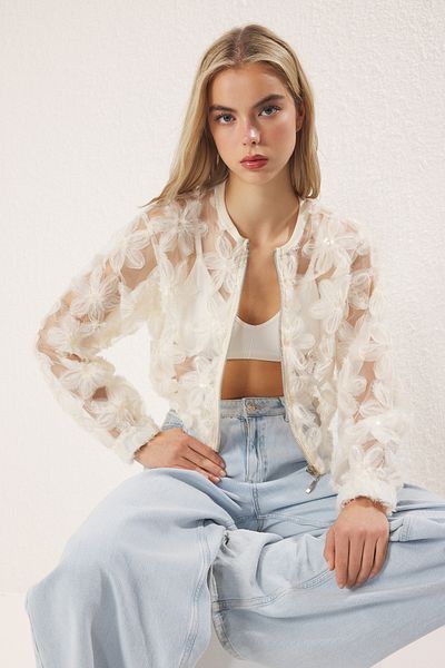 Trendyol Collection Ecru Floral Zippered Bomber Jacket Twoss25Ce00064