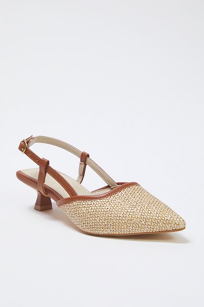 TRENDYOL SHOES Damskie buty na obcasie typu kociak z dzianiny Camel Knit z odkrytymi plecami TAKSS25TO00039
