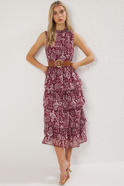Trendyol Collection Fusta etnică cu centură burgundă Rochie maxi țesătă cu deschidere în talie TWOSS25EL00817
