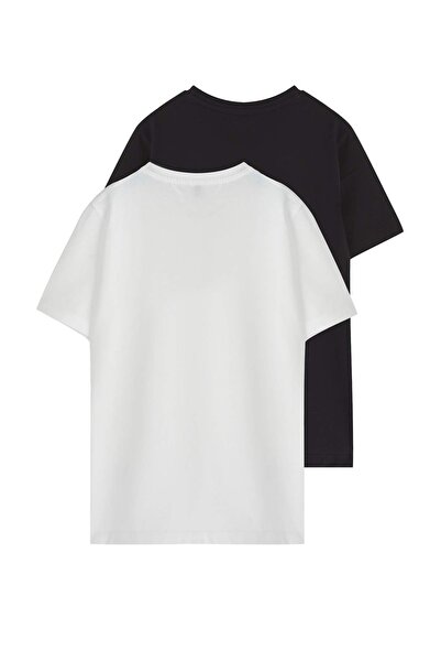 TRENDYOLKIDS Μαύρο-Εκρού 2'li Ανδρικό Πλεκτό Μπλουζάκι με Σλόγκαν TKDSS25TS00016