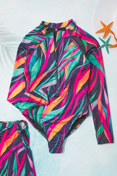 Trendyol Collection Tropical Pattern Surfer Zip-Up Swimsuit Tbess25Ma00099