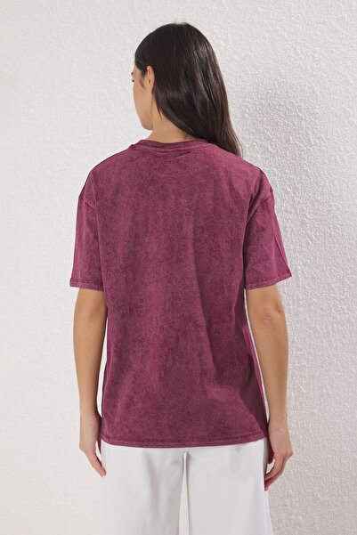 Trendyol Collection Burgundy Thick Cotton Printed Oversize/Wide Fit Knitted T-Shirt Twoss25Ts00103