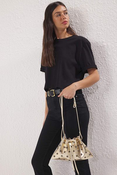 TRENDYOL SHOES Gold Trok Embroidered Women Mini Pouch Shoulder Handbag Takss25Oc00037