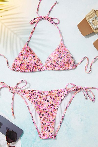 Trendyol Collection Floral Print Triangle Tie-Up Textured Regular Bikini Suit Tbess25Bt00106