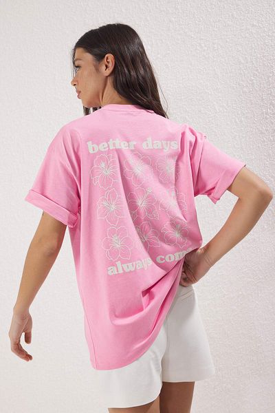 Trendyol Collection Light Pink 100% Cotton Oversize/Wide Fit Front Back Printed Knitted T-Shirt Twoss25Ts00059