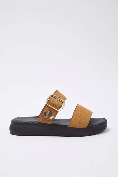 TRENDYOL SHOES Γυναικείες παντόφλες Camel Suede Χρυσή Πόρπη Flat TAKSS25TE00006