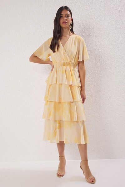 Trendyol Collection Yellow Floral Skirt Waist Opening Midi Woven Dress Twoss25El00451