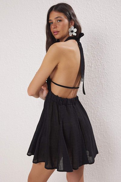Trendyol Collection Black Midi Woven Lace Linen Look Binding Detailed Beach Dress Tbess25El00056