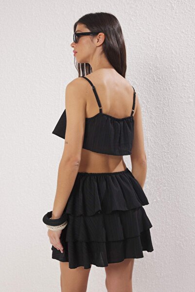 Trendyol Collection Black Woven Ruffle 100% Cotton Beach Blouse-Skirt Set Tbess25Au00106