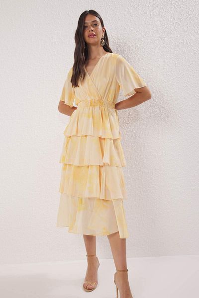 Trendyol Collection Yellow Floral Skirt Waist Opening Midi Woven Dress Twoss25El00451