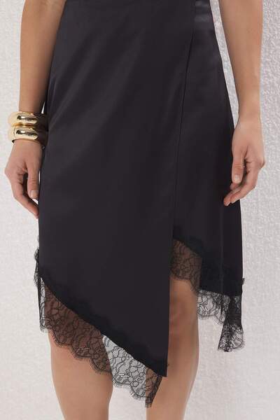 Trendyol Collection Black Plain Midi Lace Detailed Satin Party Skirt Tprss25Et00010