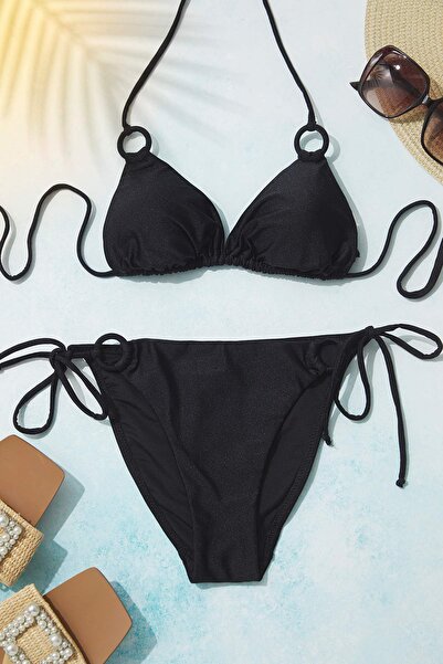 Trendyol Collection Glänzender, normaler Bikini-Anzug mit schwarzem Dreiecksz...