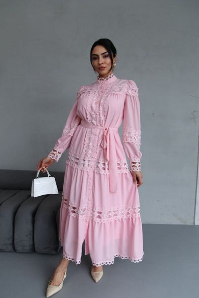 WellWay Jennyfer Crepe Fabric & Lace Detailed Lined Buttoned Non-Showing Dress Pink (Belt Included)