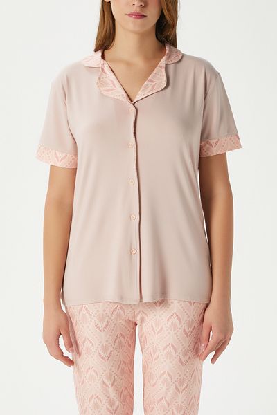 Ritnice Women's Andra Powder Front Buttoned Short Sleeve Bottom Top Pajama Set