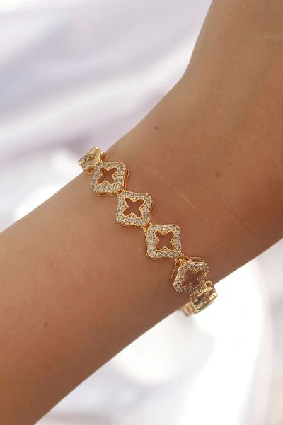 Clariss Brass Gold Color Zircon Stone Hollow Clover Figured Model Bracelet