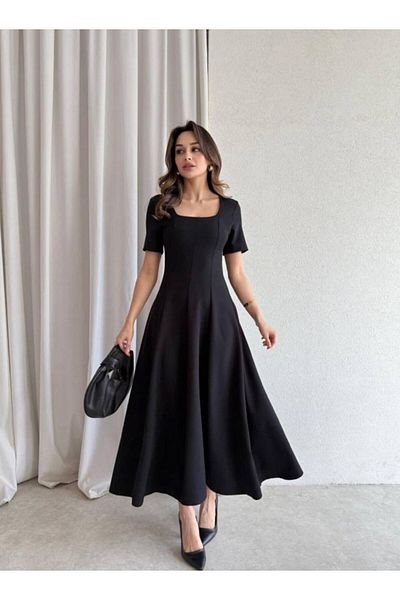 mafdress Women's Black Crepe Fabric Short Sleeve Evening Dress Graduation Dress