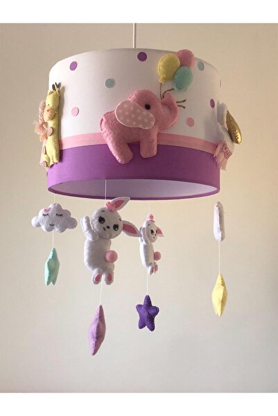 Leobabyroom Beyaz Pembe Lila Renk Kombinli Unicorn Bebek Tavşan Fil Kuğu Zürafa Figürlü Tasarım Avize