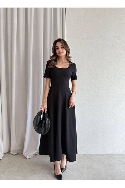 mafdress Women's Black Crepe Fabric Short Sleeve Evening Dress Graduation Dress