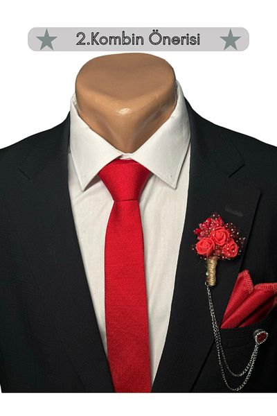 HARES Groom's Tie Set (Tie-Handkerchief, Jacket Collar Chain, Jacket Collar Flower, Shirt Collar Chain Clip)
