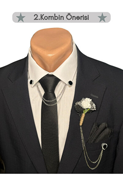 HARES Groom's Tie Set (Tie-Handkerchief, Jacket Collar Chain, Jacket Collar Flower, Shirt Collar Chain Clip)