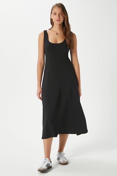 Ritnice Women's Nancy Sleeveless Black Midi Combed Cotton Dress 5376