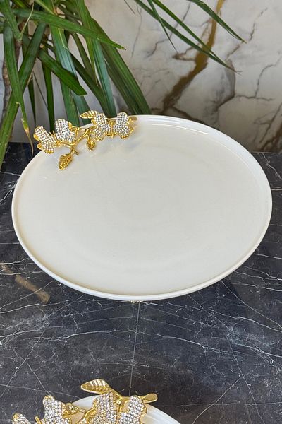 MAY HOME Diamond Butterfly Porcelain Metal Stand Presentation Plate