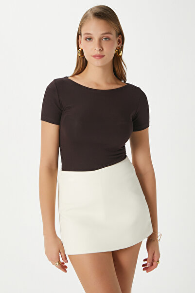 Ritnice Women's Velvet Boat Neck Lux Touch Soft Texture Short Sleeve Coffee Blouse