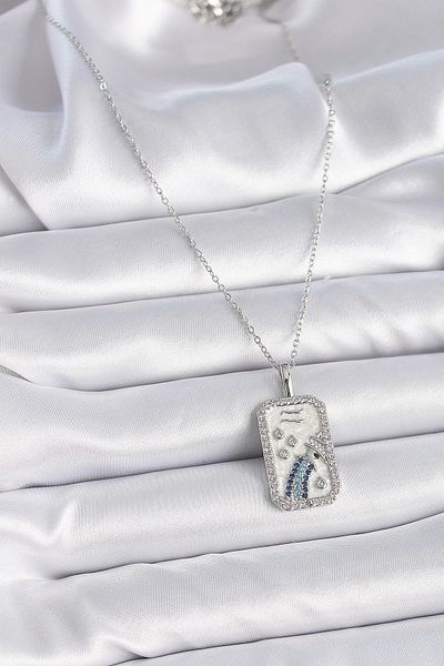 Store 316L Steel Silver Color Chain Aquarius Zodiac Sign Zircon Stone Women's Necklace