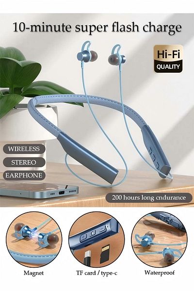 Generic Wireless Bluetooth Neckband Headphones, Retractable Earbuds, Stereo Noise Cancelling, Sweat Proof